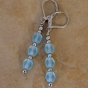 Blue Czech Crystal Earrings Firepolished Stainless Steel Leverback Earwires